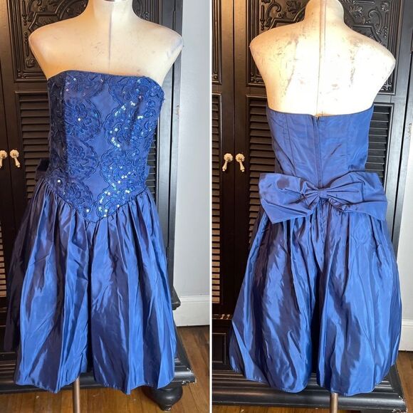 Vintage 80s 90s Gunne Sax Drop Basque Waist Satin Dress Bubble Bow Strapless - Picture 6 of 10